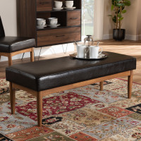 Baxton Studio BBT8051-Dark Brown/Walnut-Bench Arvid Mid-Century Modern Dark Brown Faux Leather Upholstered Wood Dining Bench